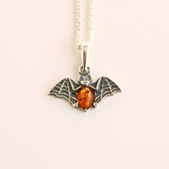 Baltic Amber Tiny Bat Necklace in 925 Sterling Silver - Picture 2 of 6